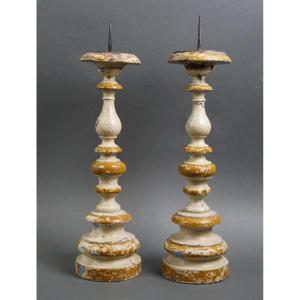Coppia di Candelabri a Rocchetto Legno Laccato Toscana inizi XVIII secolo