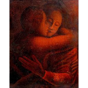 Scuola Simbolista Allievo di Eugène Carrière "Il bacio materno" inizio XX secolo