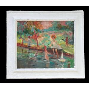 Scuola Francese Post-impressionista "Figure sul fiume" inizi XX secolo