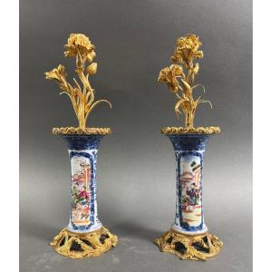 Coppia di candelieri Luigi XV Bronzo e Porcellana a Cineserie XVIII secolo