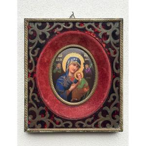 Miniatura Ortodossa Madonna con Bambino Cornice Marqueterie Boulle 