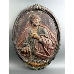 Grande Medaglione Barocco Terracotta Policroma San Paolo XVIII secolo