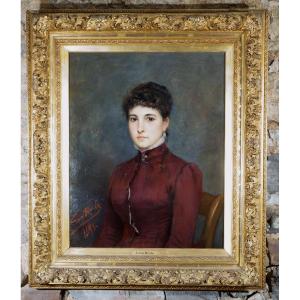 Léon Herbo (1850-1907) Grande Ritratto di ragazza firmato e datato 1884