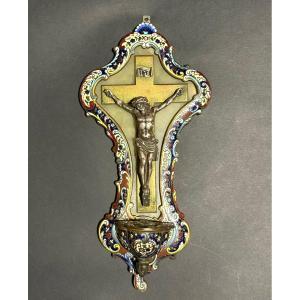 Acquasantiera con Cristo in Argento e Smalti Champlevé XIX secolo