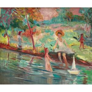 Scuola Francese Post-impressionista "Figure sul fiume" inizi XX secolo