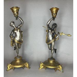 Alfres Daubrée (1817-1885) Coppia di Candelieri Bronzo Argentato e Dorato 