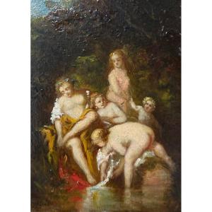 "Le Grazie al Bagno" Dipinto Firmato A. Monticelli Olio su Tavola