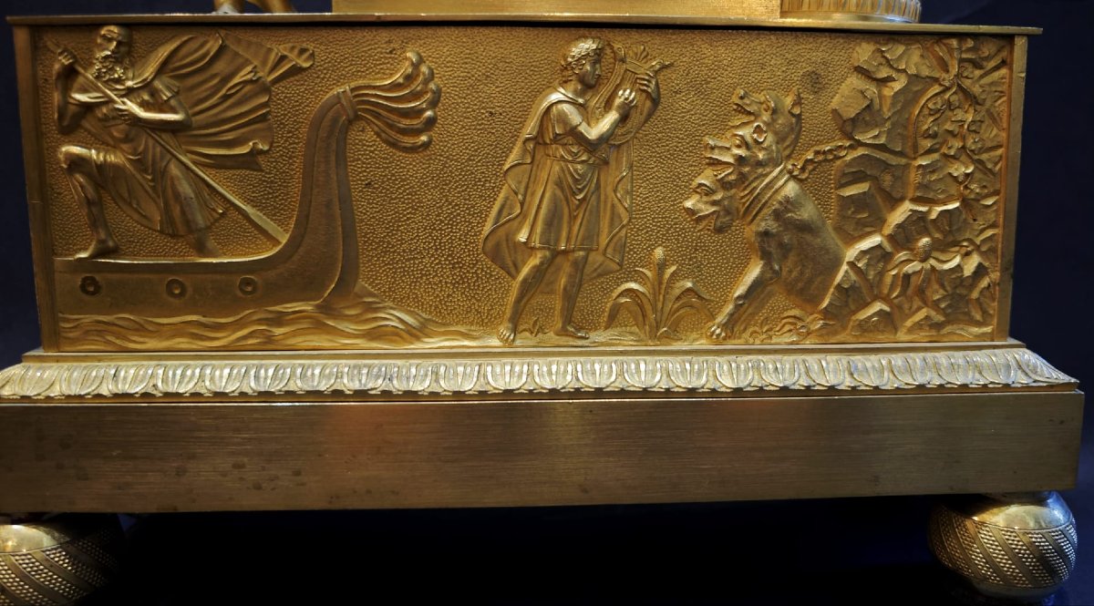 Pendola in bronzo dorato raffigurante Orfeo, Francia secolo XIX-photo-1