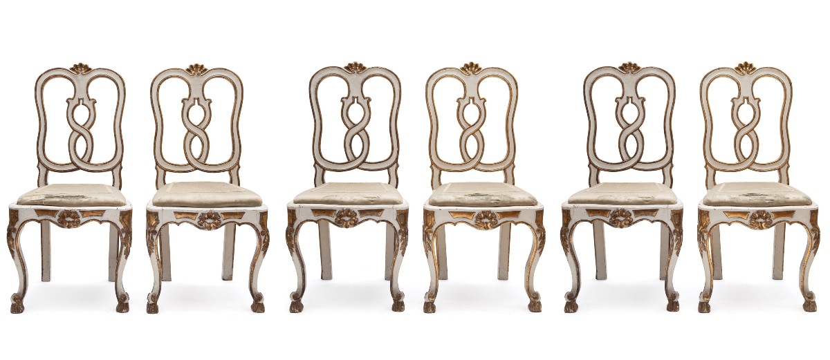 Sei sedie in legno laccato e dorato, Venezia, secolo XVIII