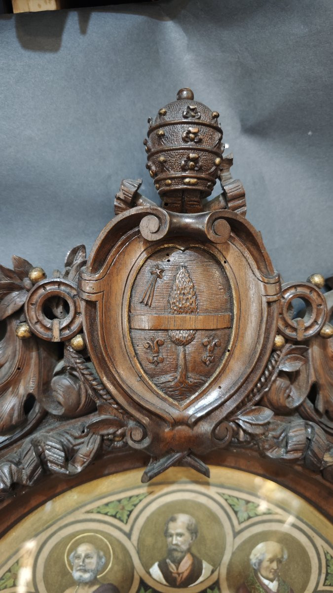 Cornice in legno intagliato con incisione acquerellata raffigurante papa Leone XIII, 1901-photo-6
