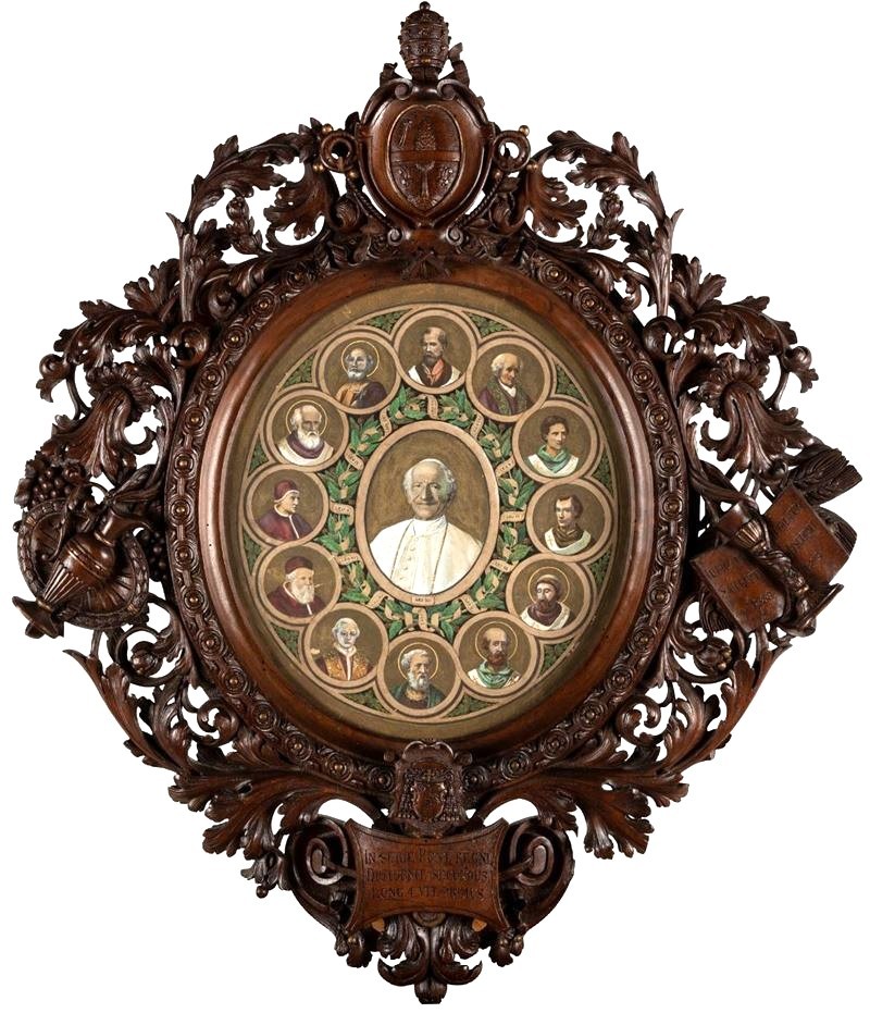 Cornice in legno intagliato con incisione acquerellata raffigurante papa Leone XIII, 1901