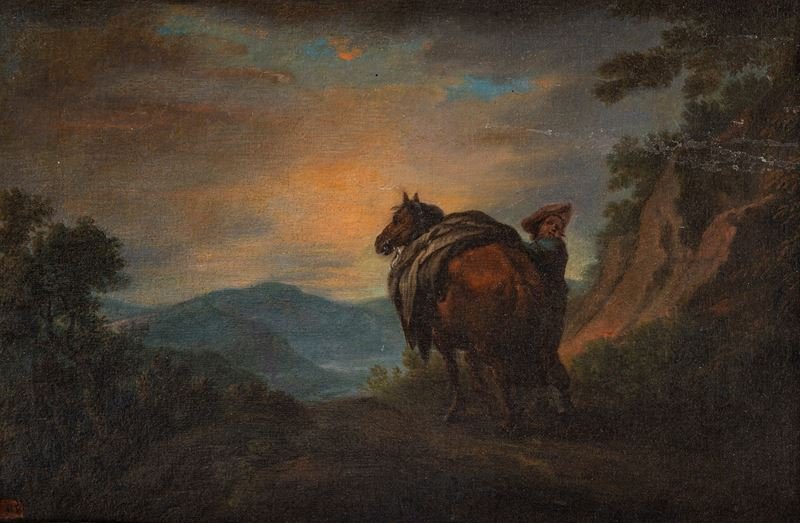 Scuola Fiamminga, XVIII secolo, CAVALLO E CAVALIERE IN UN PAESAGGIO,-photo-2