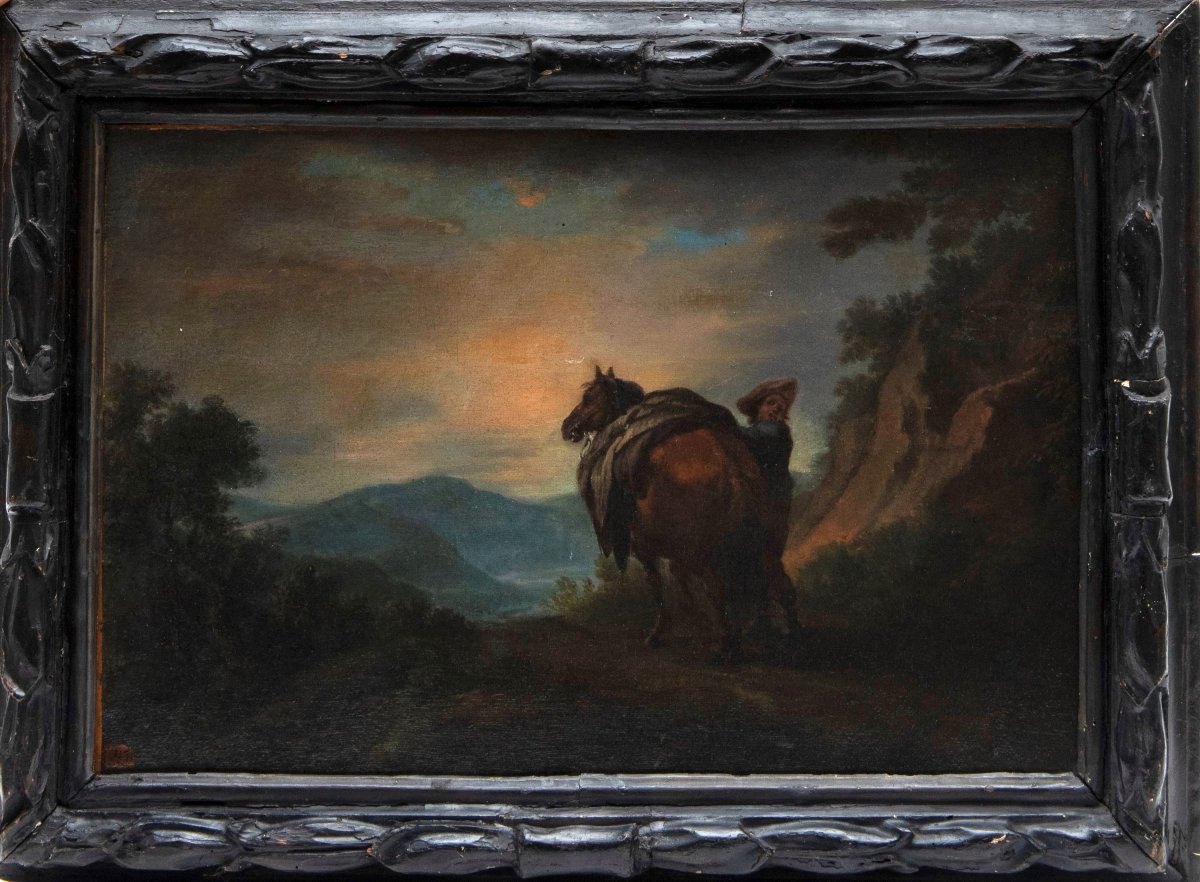 Scuola Fiamminga, XVIII secolo, CAVALLO E CAVALIERE IN UN PAESAGGIO,