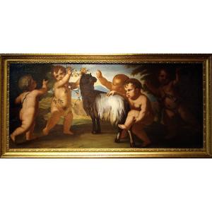 Scuola romana, XVII secolo. Giove che gioca con la capra Amaltea 