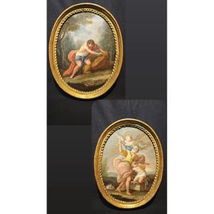 Scuola romana, XVIII secolo. Coppia di dipinti in ovale