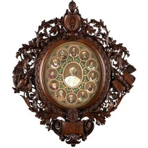 Cornice in legno intagliato con incisione acquerellata raffigurante papa Leone XIII, 1901