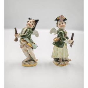 Coppia galante di putti in abiti da cacciatori, manifattura Meissen, secolo XIX