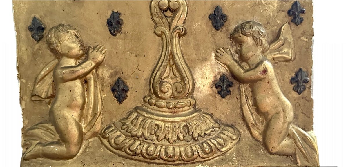 Pannello, bassorilievo in legno dorato con angeli - XIX sec. -photo-2