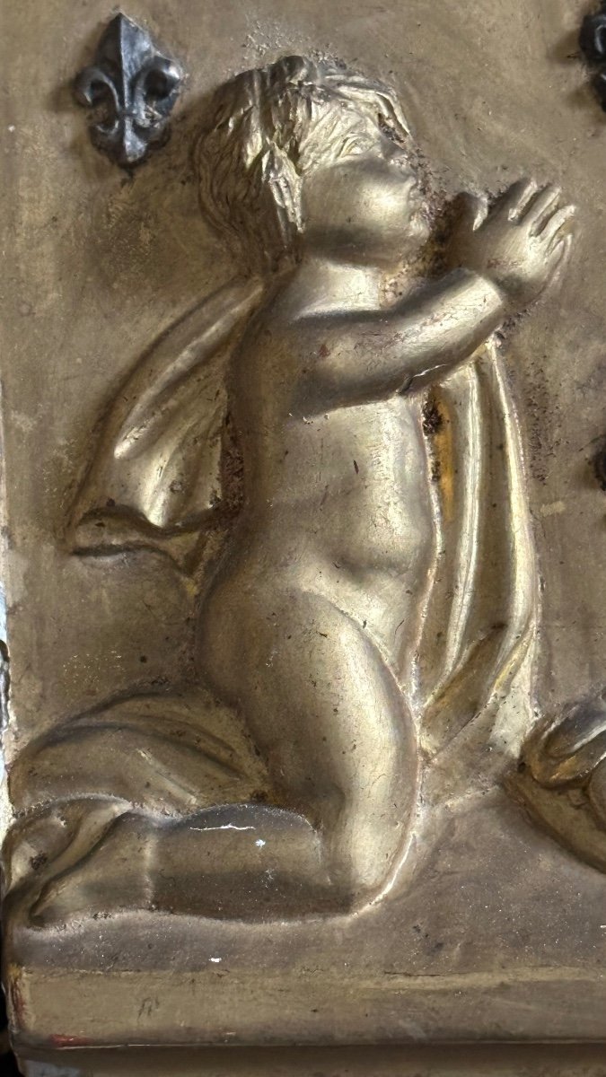 Pannello, bassorilievo in legno dorato con angeli - XIX sec. -photo-7