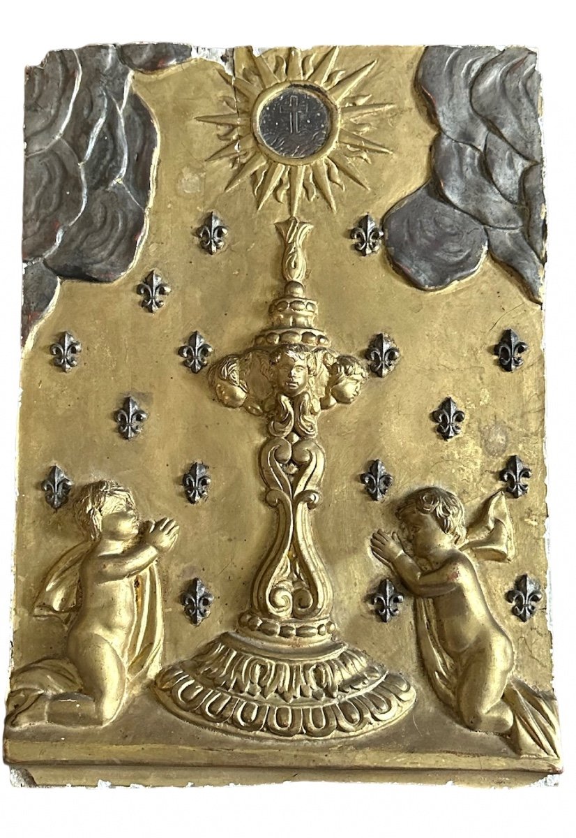 Pannello, bassorilievo in legno dorato con angeli - XIX sec. 