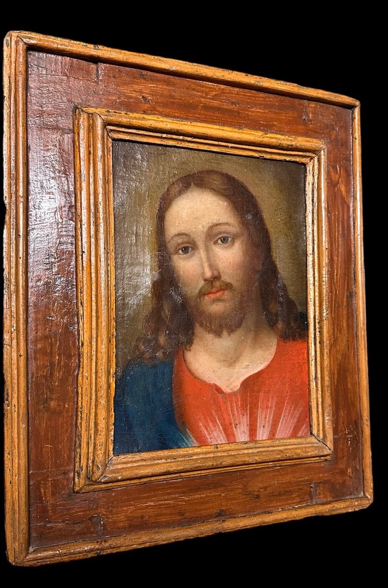 Quadro, olio su tela, raffigurante "Il volto di Cristo" con cornice del XVII sec. -photo-2