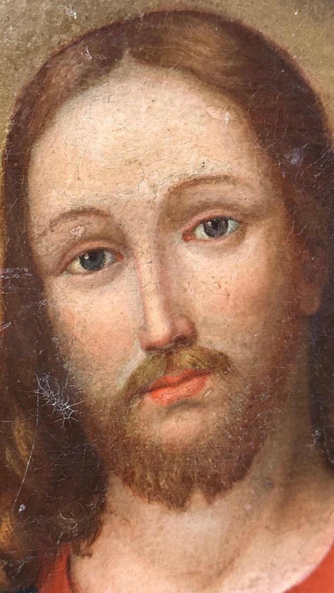 Quadro, olio su tela, raffigurante "Il volto di Cristo" con cornice del XVII sec. -photo-3