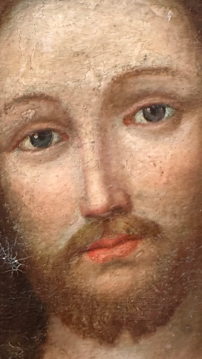 Quadro, olio su tela, raffigurante "Il volto di Cristo" con cornice del XVII sec. -photo-4