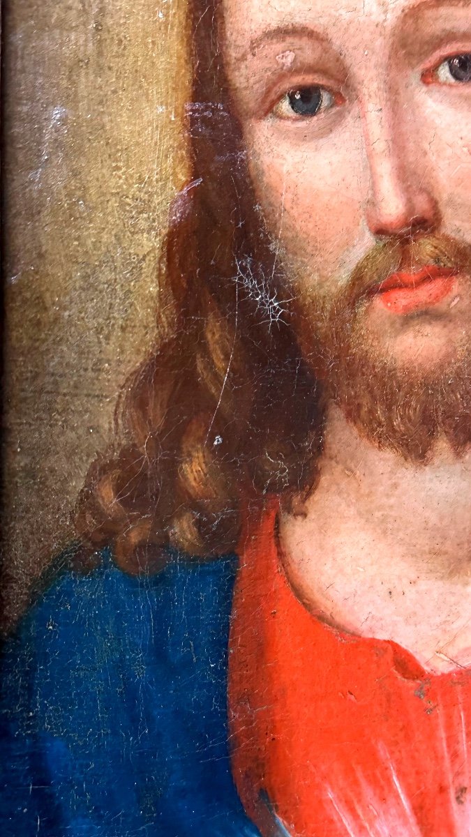 Quadro, olio su tela, raffigurante "Il volto di Cristo" con cornice del XVII sec. -photo-1