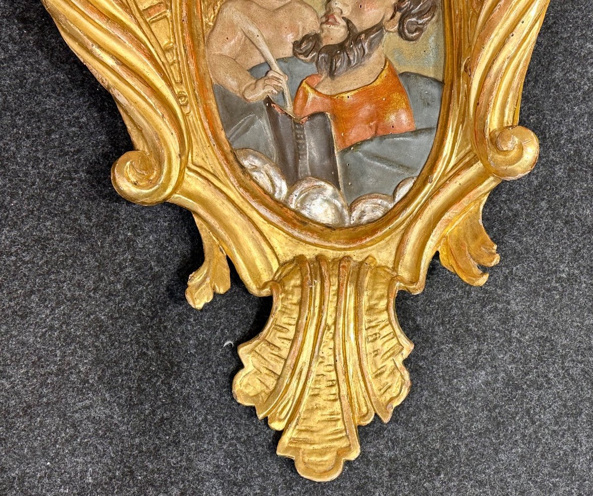 Grande pannello ligneo policromo e dorato "Annunciazione a San Giuseppe" -Inizi del XVII sec. -photo-4