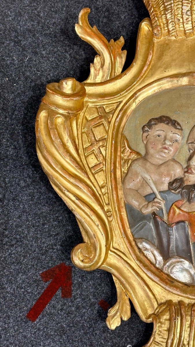 Grande pannello ligneo policromo e dorato "Annunciazione a San Giuseppe" -Inizi del XVII sec. -photo-1