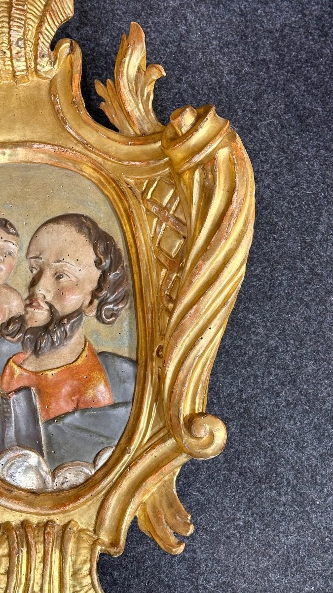 Grande pannello ligneo policromo e dorato "Annunciazione a San Giuseppe" -Inizi del XVII sec. -photo-2