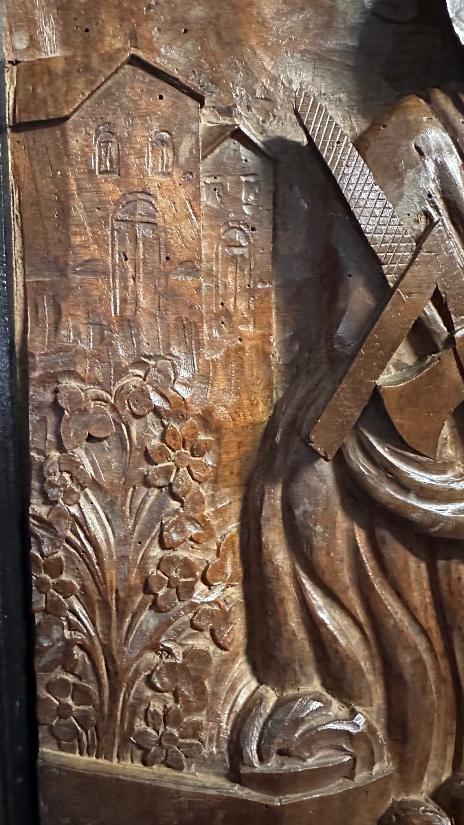 Scultura in rilievo in legno, pannello scolpito "Sacra Famiglia" - XIX sec. -photo-1