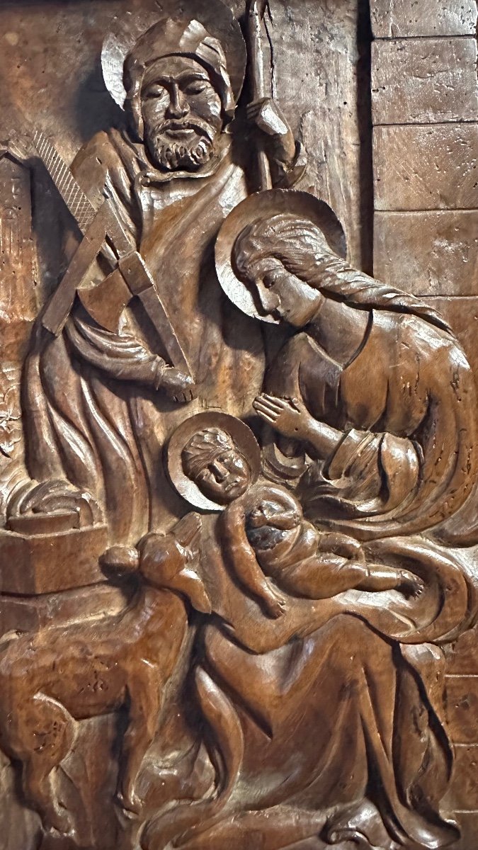 Scultura in rilievo in legno, pannello scolpito "Sacra Famiglia" - XIX sec. -photo-4