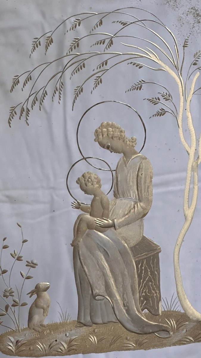 Specchiera, specchio inciso "Madonna con Bambin Gesù e coniglio" - Anni '50. -photo-3