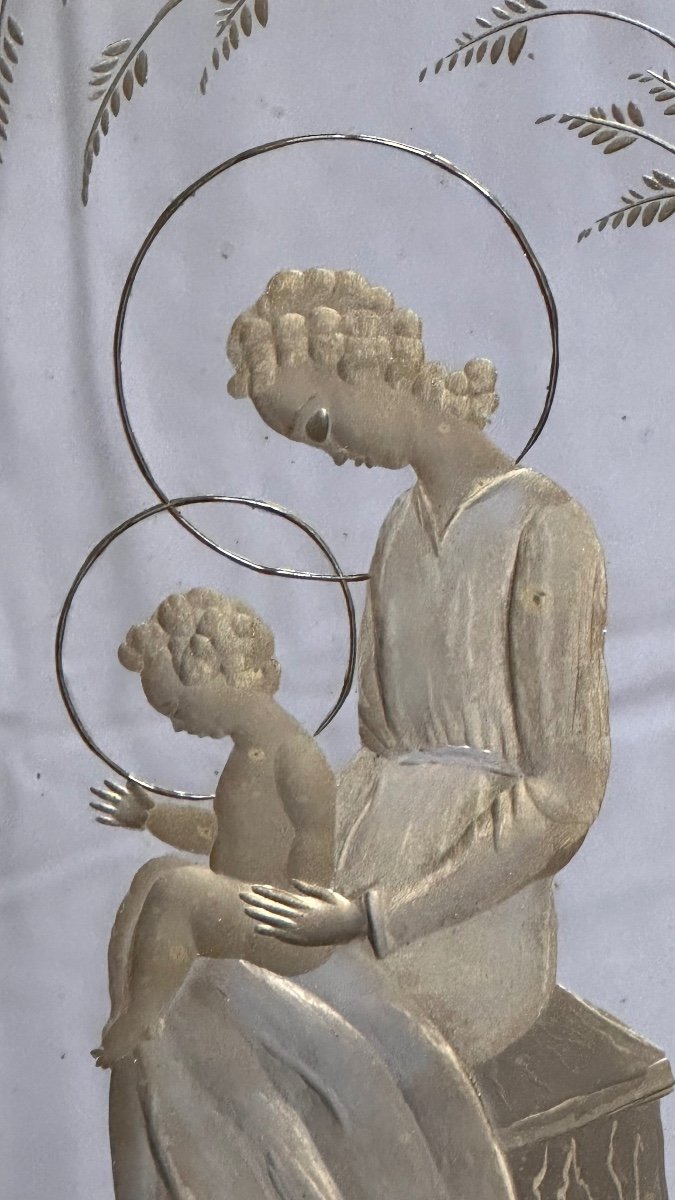 Specchiera, specchio inciso "Madonna con Bambin Gesù e coniglio" - Anni '50. -photo-4