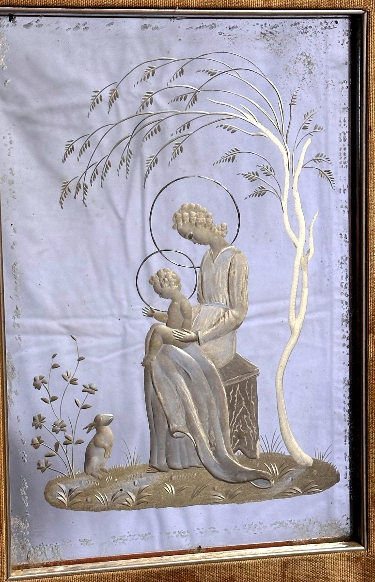 Specchiera, specchio inciso "Madonna con Bambin Gesù e coniglio" - Anni '50. 