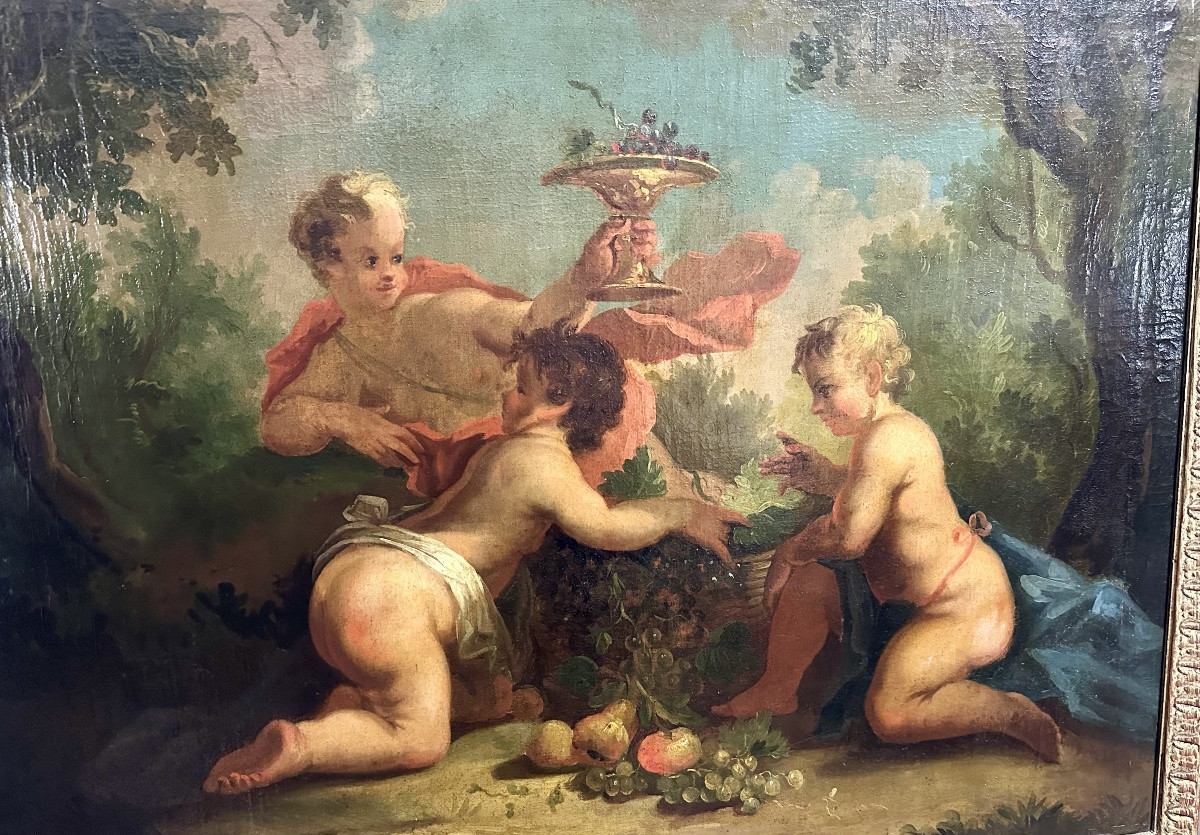 Dipinto, olio su tela"Festa di cherubini in un paesaggio" - XVIII sec. -photo-1