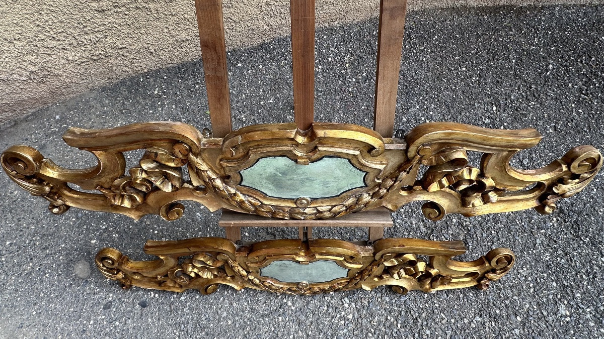 Coppia di grandi fregi, sovraporte, cimase in legno dorato - XIX sec. -photo-4