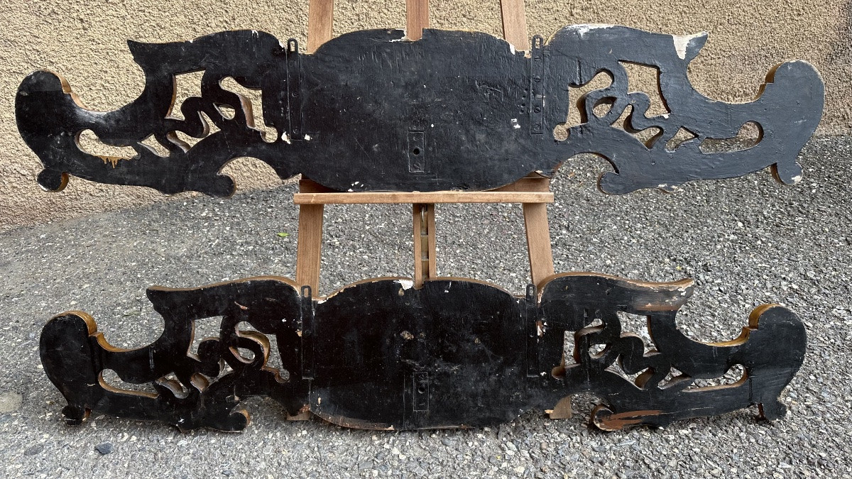 Coppia di grandi fregi, sovraporte, cimase in legno dorato - XIX sec. -photo-5