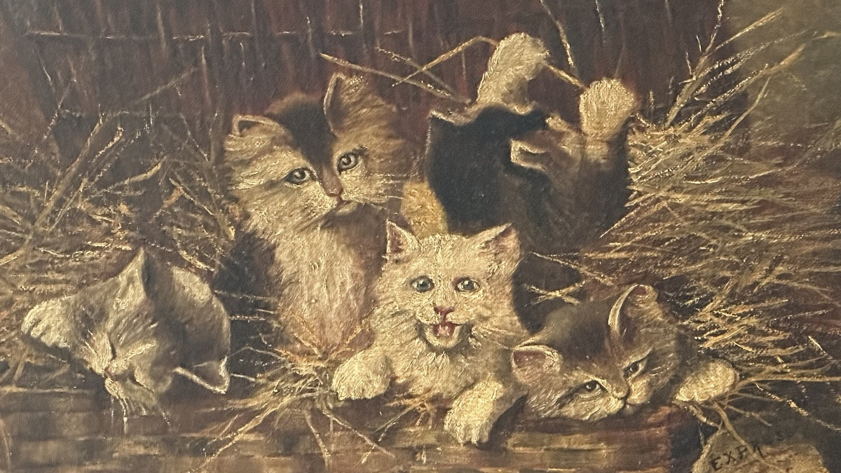 Dipinto di gatti, Olio su tela " Gattini in una valigetta di vimini" - Napoleone III. -photo-2