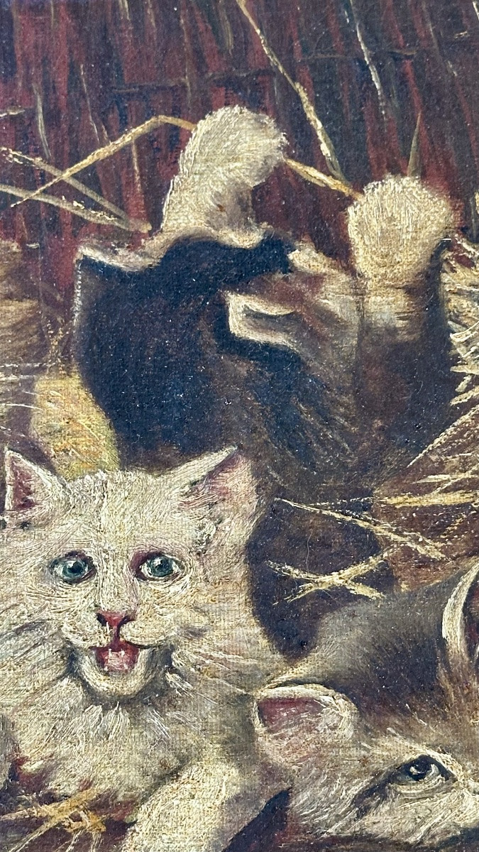 Dipinto di gatti, Olio su tela " Gattini in una valigetta di vimini" - Napoleone III. -photo-1