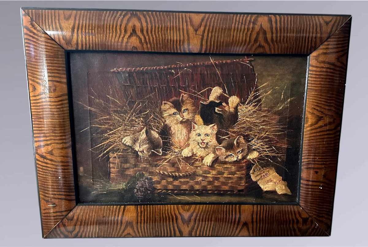 Dipinto di gatti, Olio su tela " Gattini in una valigetta di vimini" - Napoleone III. 