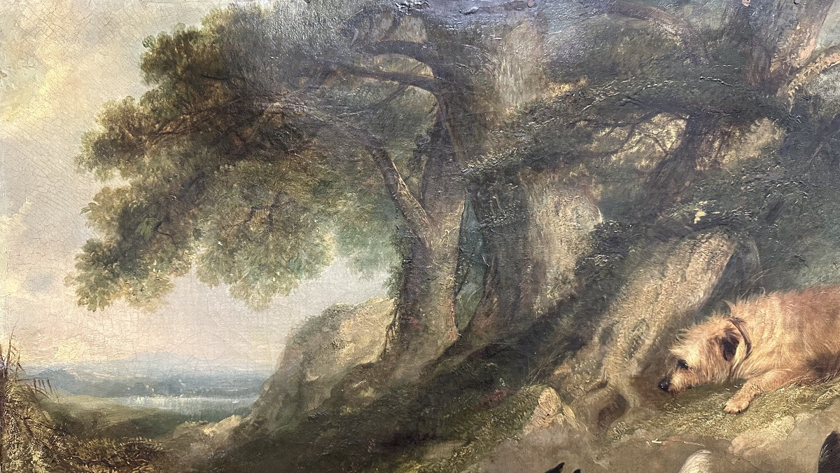 Dipinto, olio su tela, "Terriers che inseguono un coniglio" firmato G. Armfield - XIX sec. -photo-4