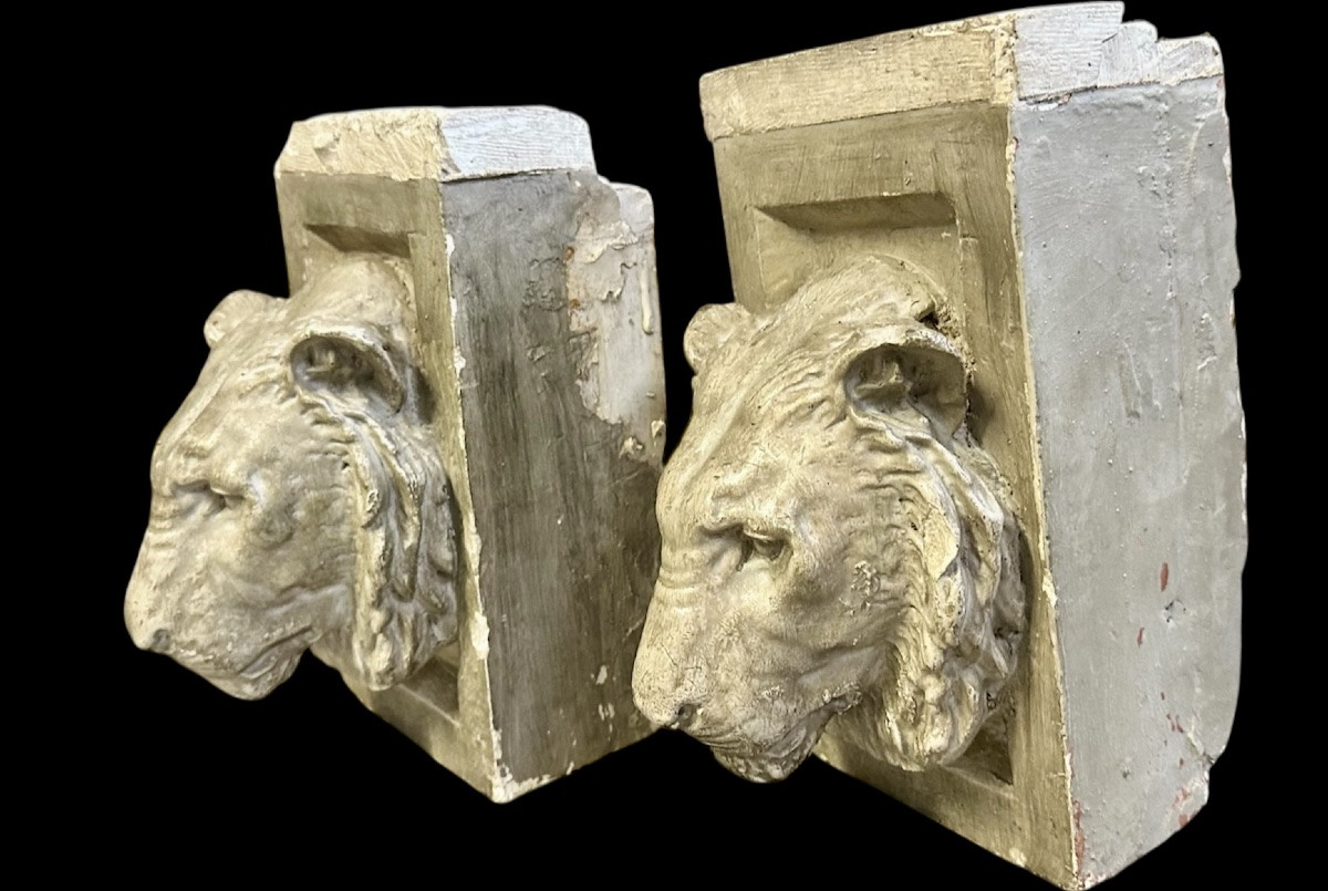 Coppia di teste di leone in stucco – XIX secolo-photo-1