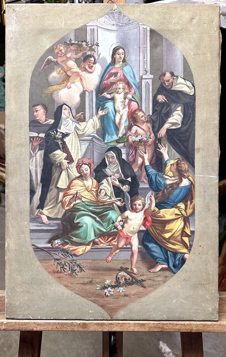 Dipinto, bozzetto , olio su tela “Madonna del Rosario” - XIX sec. 