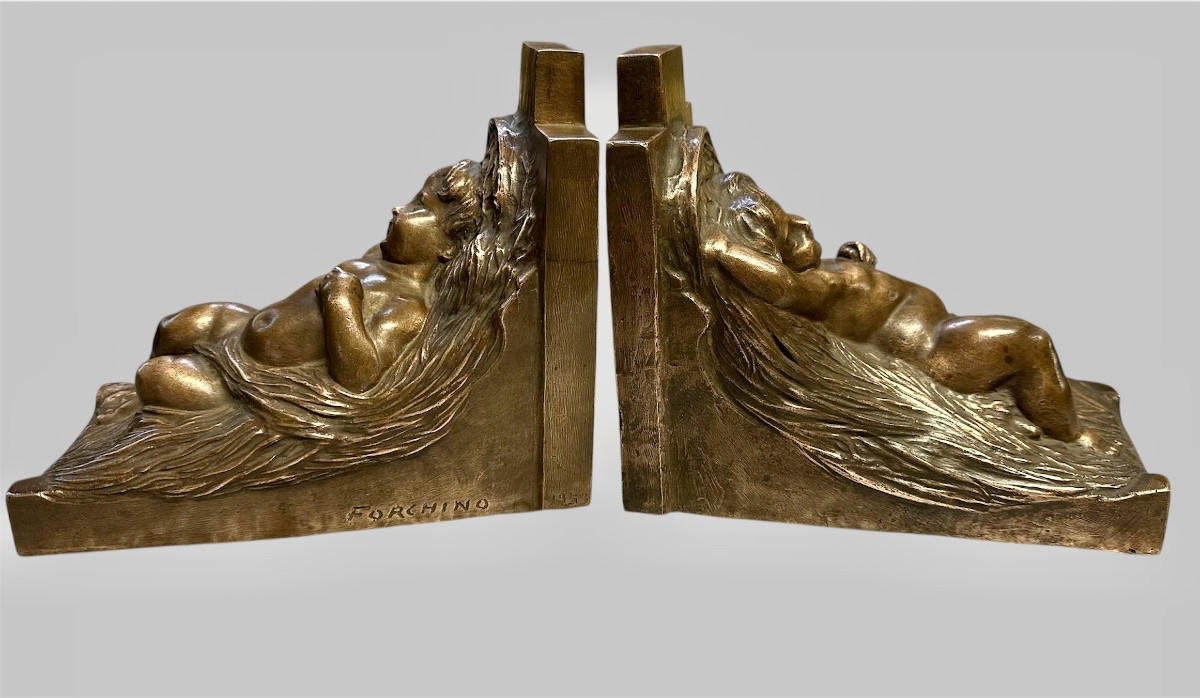 Fermalibri in bronzo Art Deco, firmati Forchino 1930. -photo-2