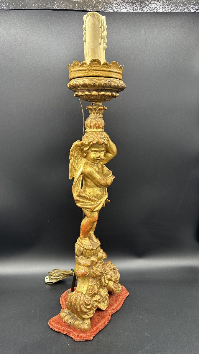 Candeliere in legno dorato intagliato e dorato con figura di putto - XVIII sec  -photo-2