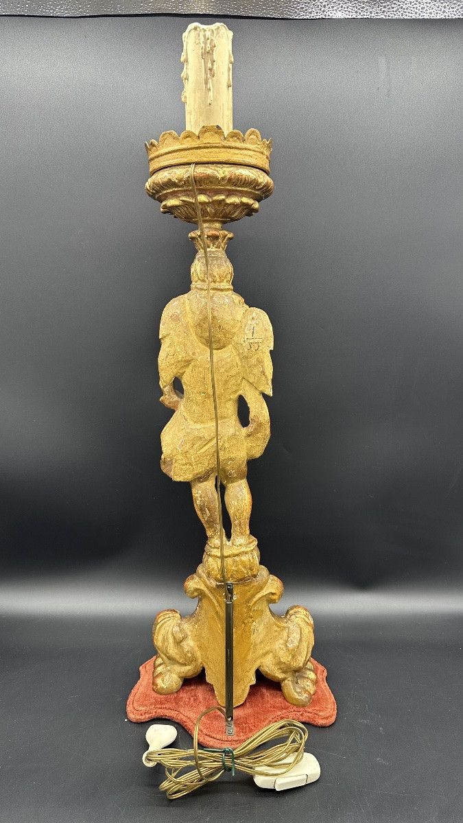Candeliere in legno dorato intagliato e dorato con figura di putto - XVIII sec  -photo-3