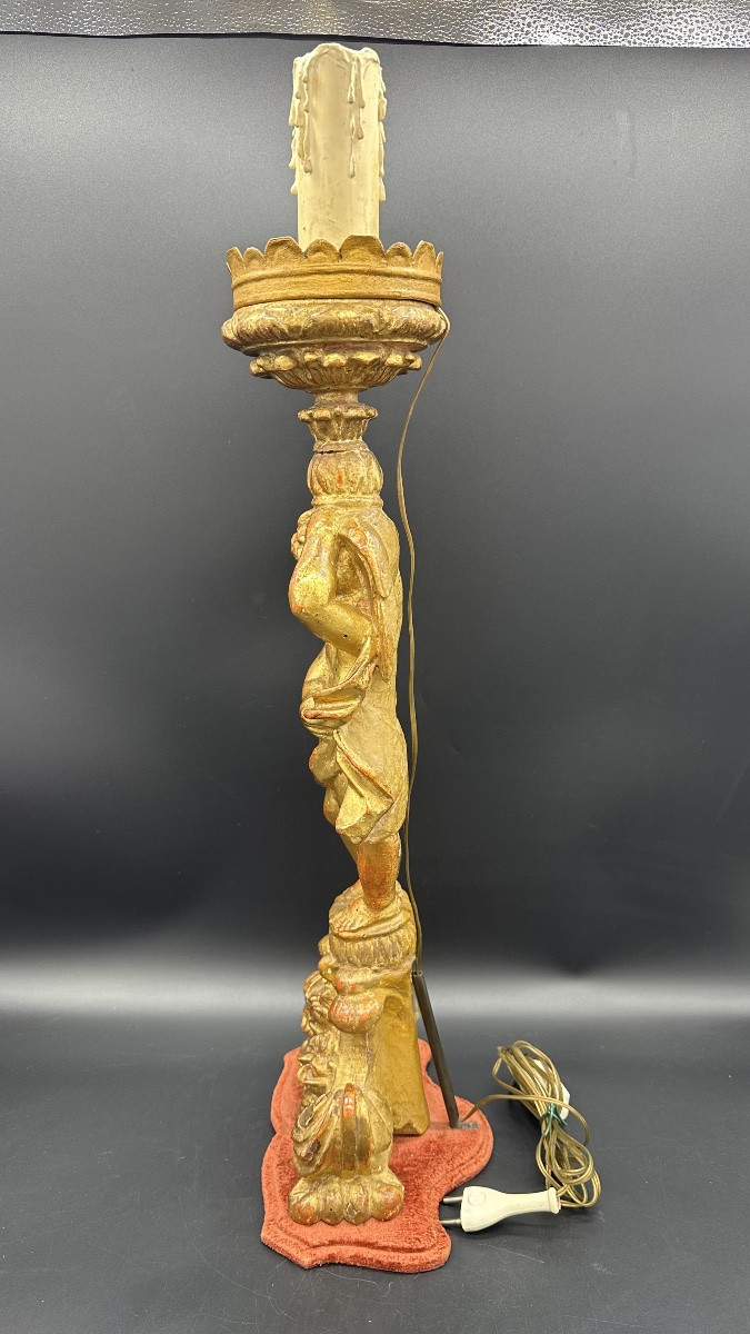 Candeliere in legno dorato intagliato e dorato con figura di putto - XVIII sec  -photo-4