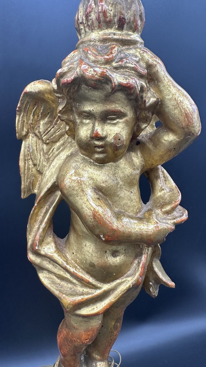 Candeliere in legno dorato intagliato e dorato con figura di putto - XVIII sec  -photo-3